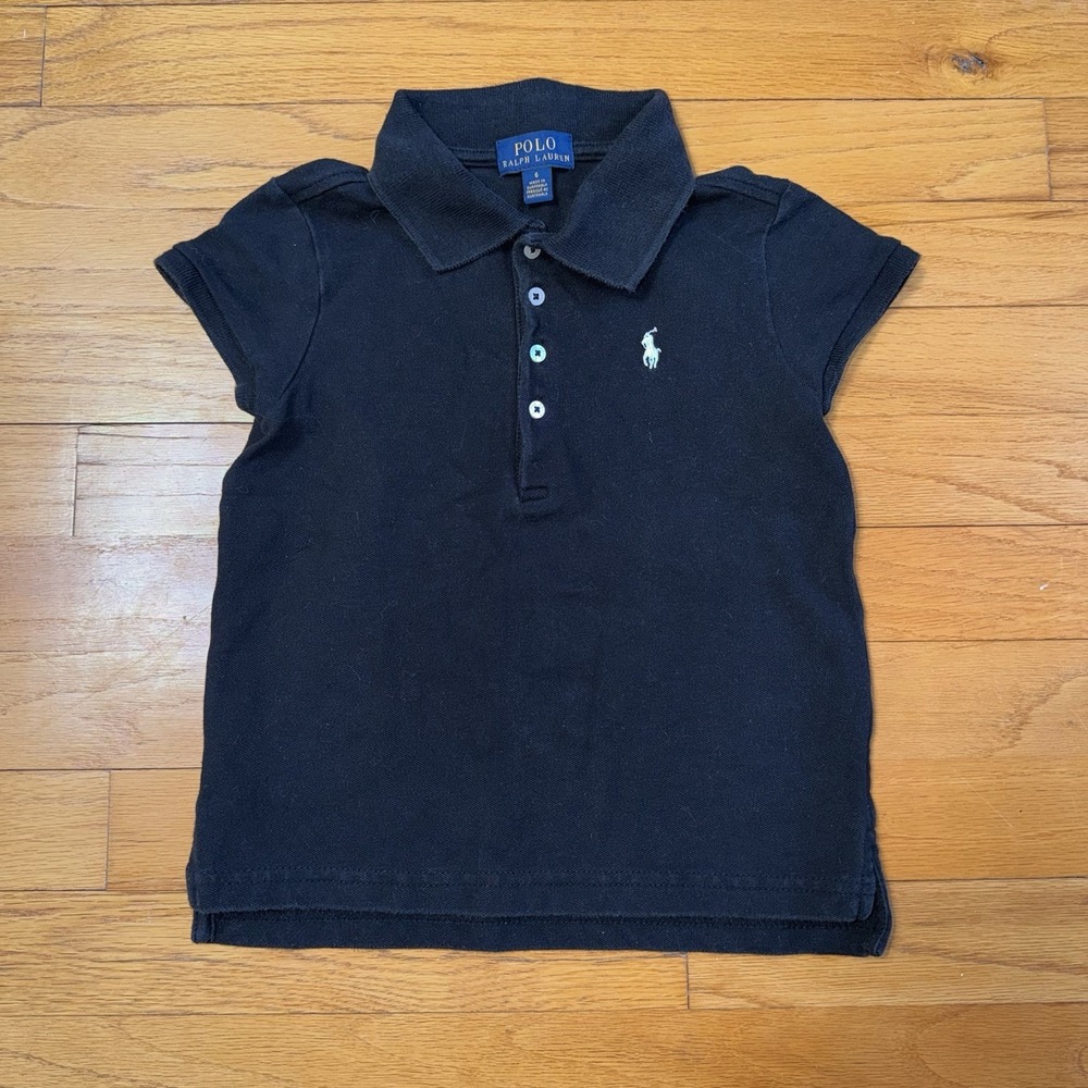 Polo Ralph Lauren Preppy Girls Black Pique Short Sleeve Polo Size 6 White Pony
